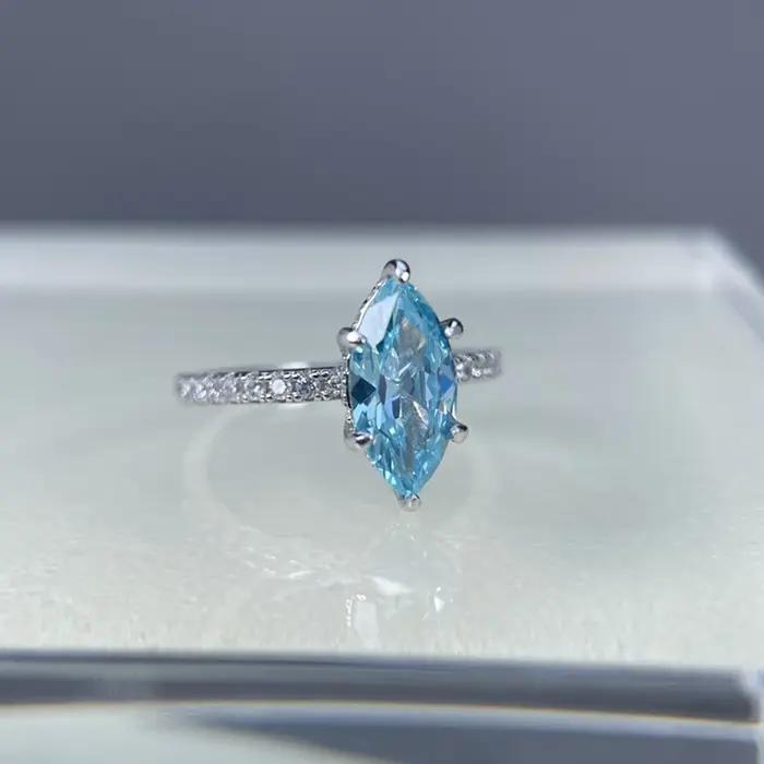 Wong Rain 925 argent Sterling Marquise coupe 6*12 MM aigue-marine haute teneur en carbone diamant gemmes bague de fiançailles pour les femmes bijoux fins