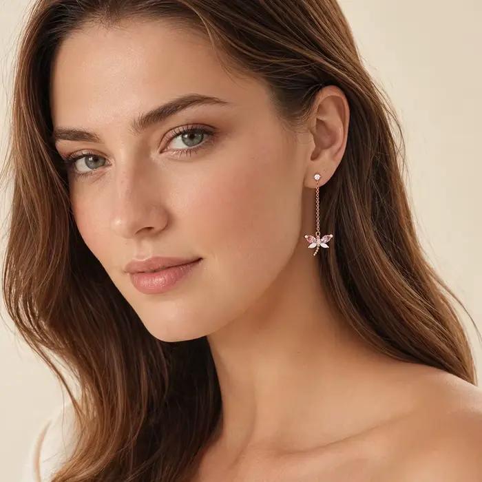 Libellule avec pierres boucles d'oreilles en or Rose, bijoux fins européens pour femmes, tout nouveau cadeau mignon en argent Sterling 925