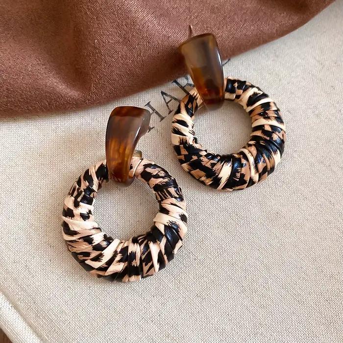 Maillard Style léopard cuir résine boucles d'oreilles pour femmes géométrique ronde boucle d'oreille