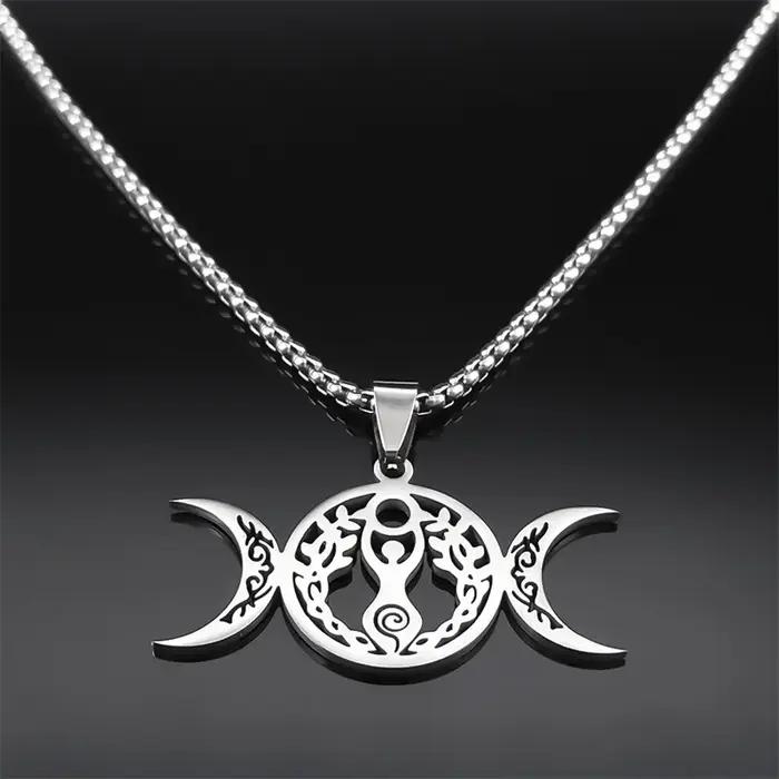 Sorcière Triple lune déesse Luna collier pour femmes hommes acier inoxydable couleur argent amulette Hecate chaîne