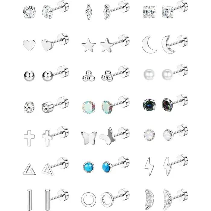 ORAZIO 21 paires de boucles d'oreilles en acier chirurgical, hypoallergéniques, à dos plat, petites puces d'oreilles pour oreilles sensibles et piercings de cartilage