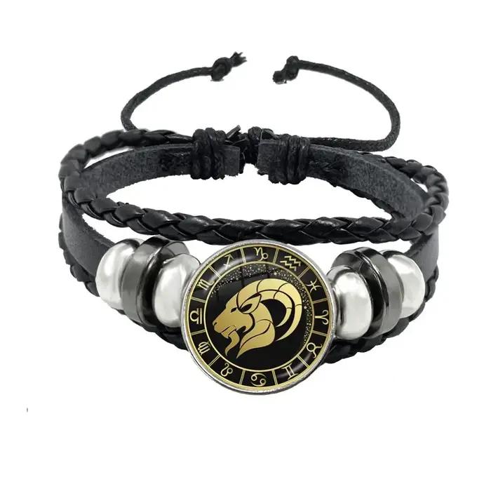 Bracelet des 12 Constellations Scorpion Sagittaire Capricorne Verseau Corde Noire Bouton en Cuir Bijoux du Zodiaque Cadeau Occasion Spéciale