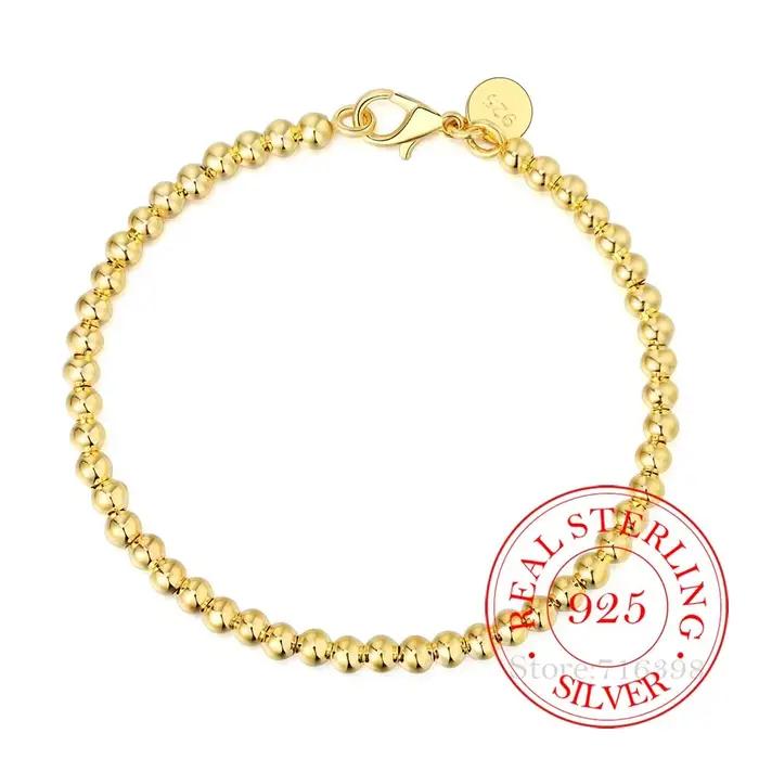 100% réel 925 Bracelet en argent Sterling pour femmes hommes Homme 4MM perles boule chaîne Bracelets