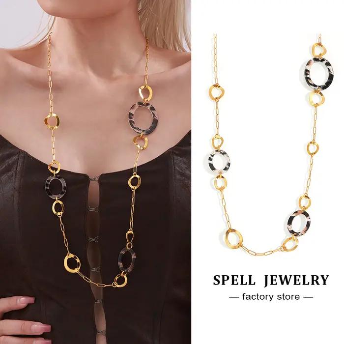 Collier long en acier inoxydable avec imprimé léopard rond pour femme
