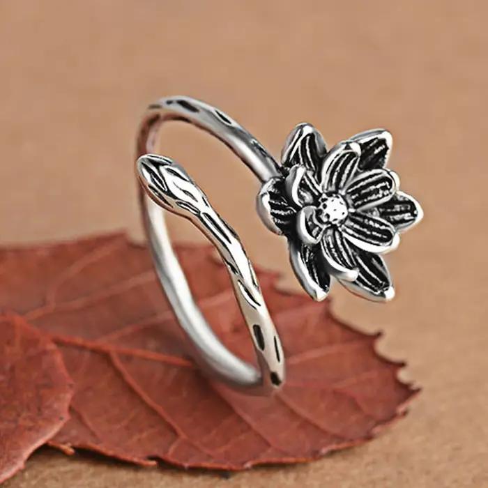 Bague bohème en argent sterling 925 sertie de fleur de lotus antique pour femmes, cadeau pour occasions spéciales et événements festifs