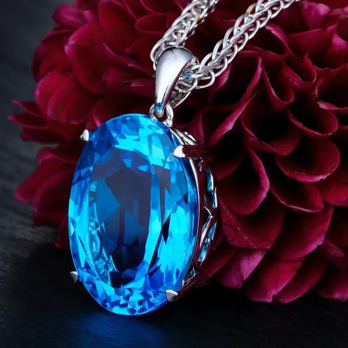Collier en argent Sterling 925 avec pendentif topaze du Rhin et saphir pour femmes occasions spéciales fiançailles anniversaires mariage romantique tendance
