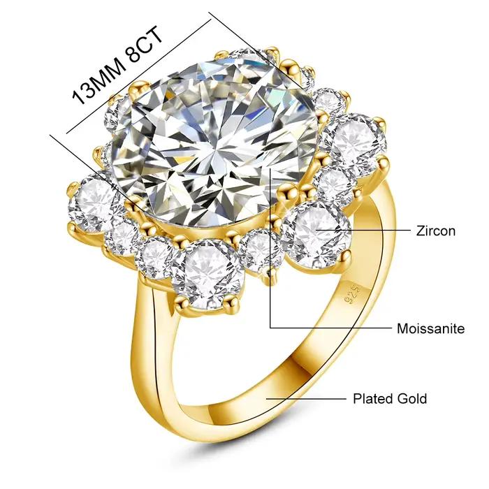 Bague Moissanite taille ronde massif 13mm 8ct, avec Certification, bijoux fins de mariage de luxe pour femmes, cadeau de fiançailles, Test de réussite