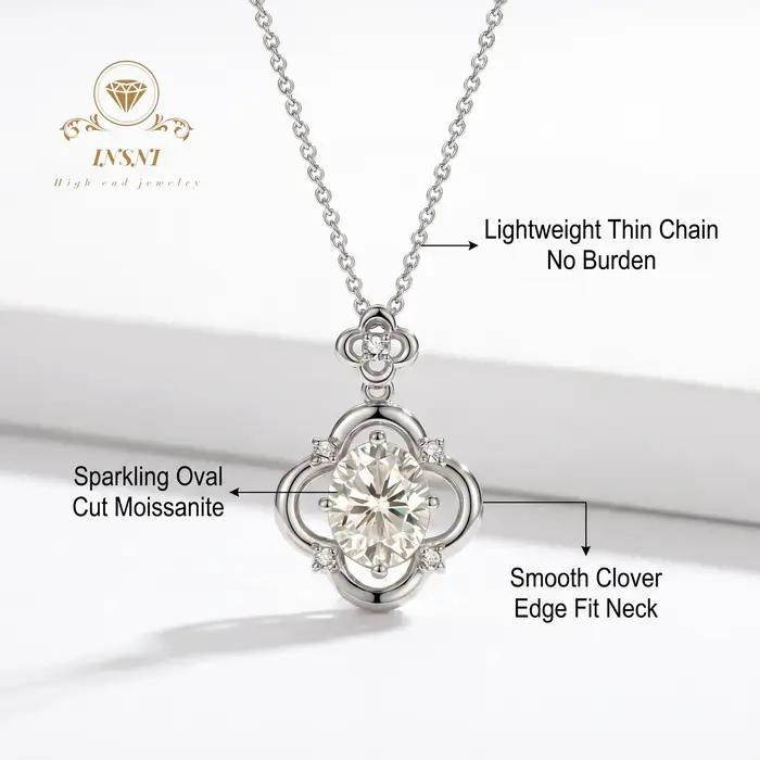 Collier trèfle en argent S925 avec moissanite ovale 3 carats