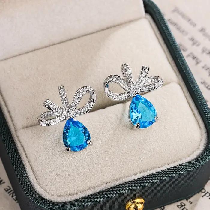Boucles d'oreilles plaquées argent 925 en Zircon bleu AAAA pour femmes