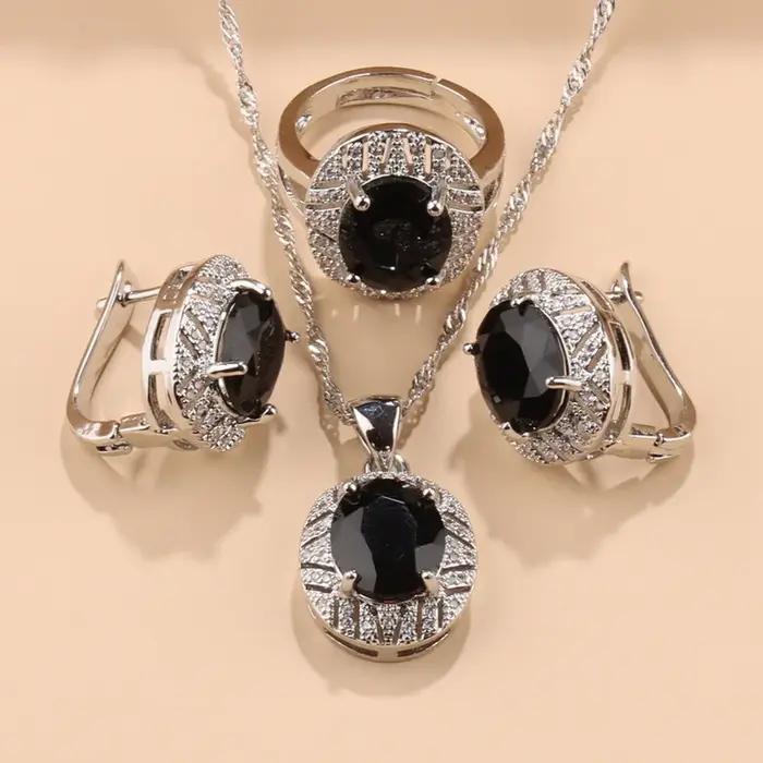 Parure de bijoux saphir pour femme, collier pendentif halo, boucles d'oreilles et bague en argent st
