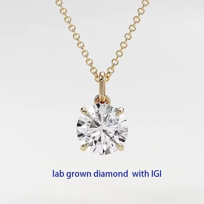 Collier de diamants de laboratoire en or jaune 14 carats, diamant rond, diamant anneDiamond, pendentif 1,0 ct Ct