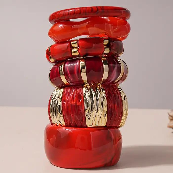 Bracelets élastiques en résine acrylique rouge