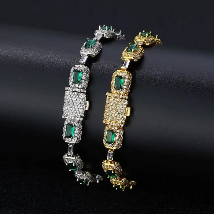 Bracelet en émeraude glacée personnalisable pour homme et femme, style hip-hop rock, motifs géométriques, cuivre et zircone cubique, bijou avant-garde à offrir pour diverses occasions