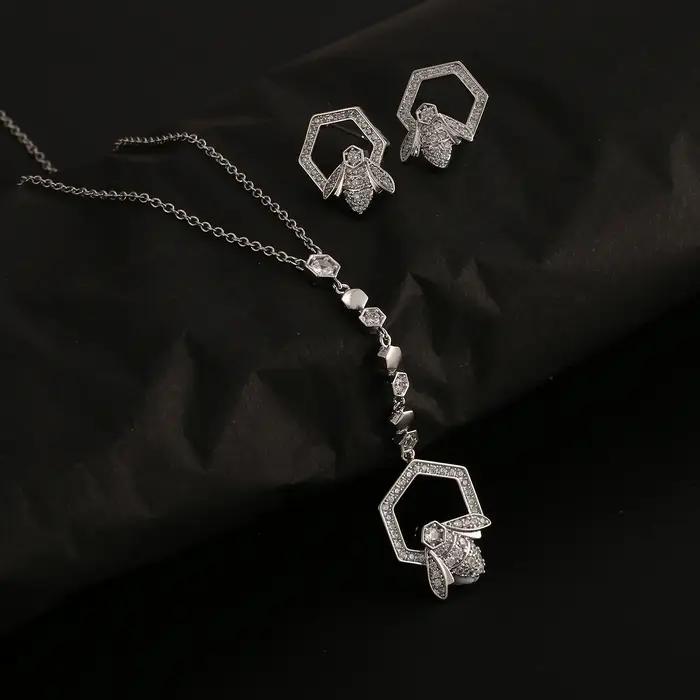 Ensemble collier et boucles d'oreilles en forme de Y plaqué or avec motif nid d'abeille pour femme,