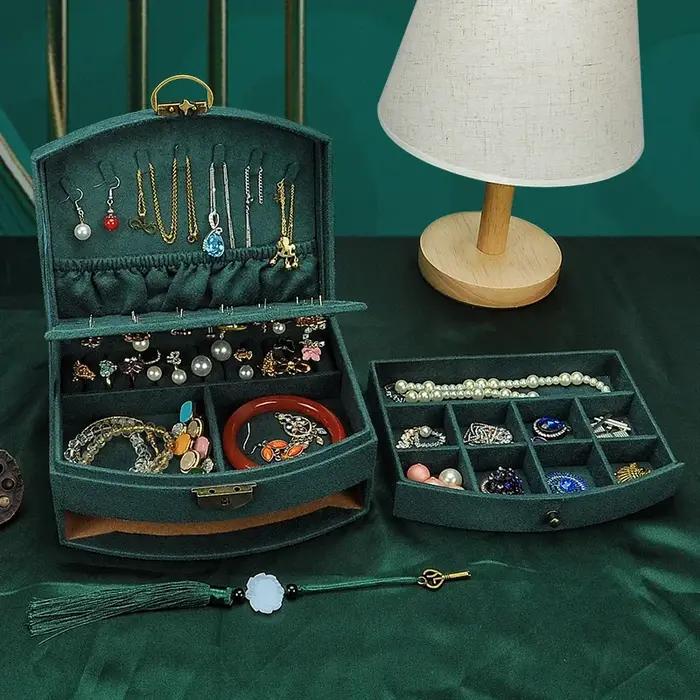 Boîte à bijoux en bois double couche avec doublure en velours pour rangement et protection de colliers et bijoux pour femmes occasions spéciales