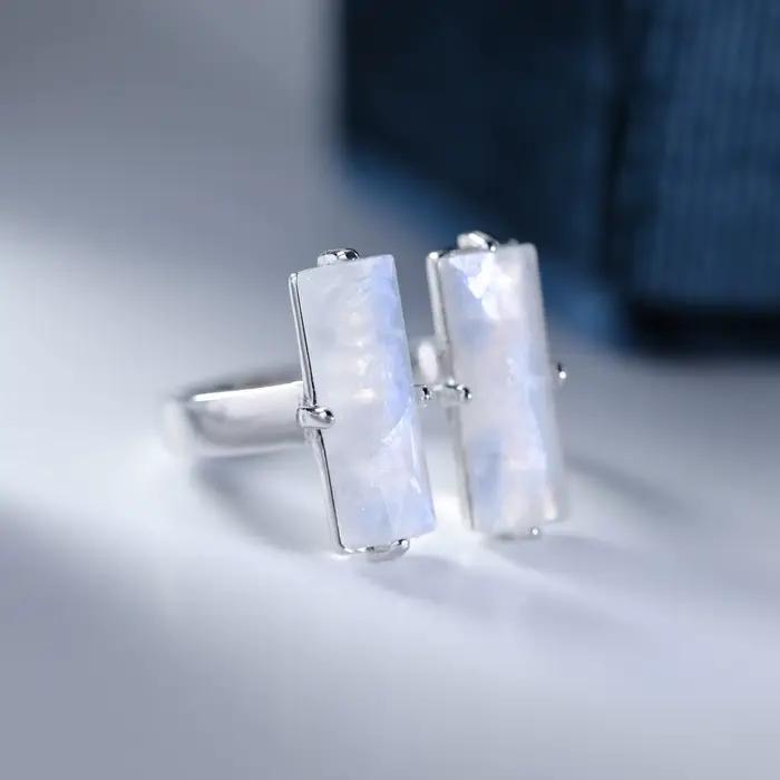 Bague de fiançailles en pierre de lune naturelle, coupe Baguette, en argent Sterling 925, bande réglable pour femmes, pierre bleue, cadeaux de promsie