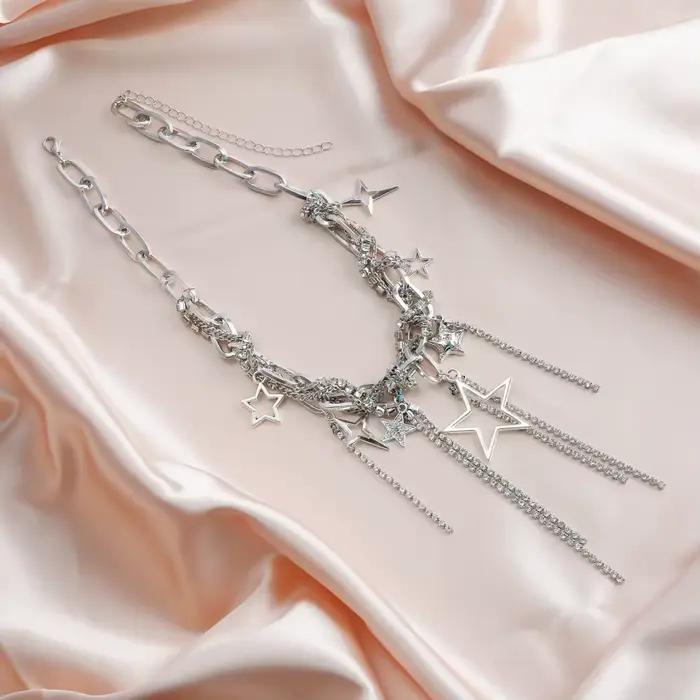 Multicouche Vintage étoile strass gland lien pendentif collier ras du cou créatif grande chaîne fête Club bijoux 2025 nouveau Design