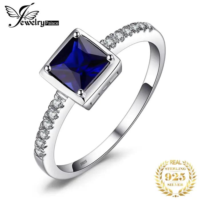 Bague carrée en argent Sterling 925 avec saphir bleu pour femmes