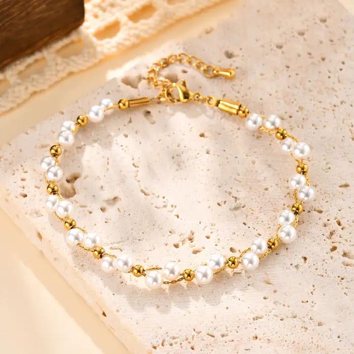 Bracelet de perles de luxe léger pour femmes, Bracelets de chaîne en acier inoxydable plaqué or 18 c