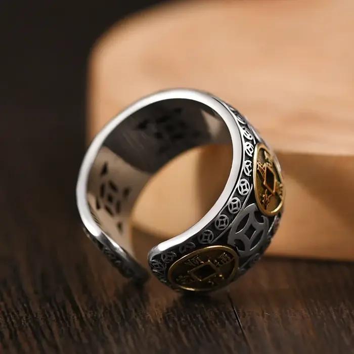 Bague d'ouverture de pièce de monnaie en cuivre rétro chinois pour hommes et femmes