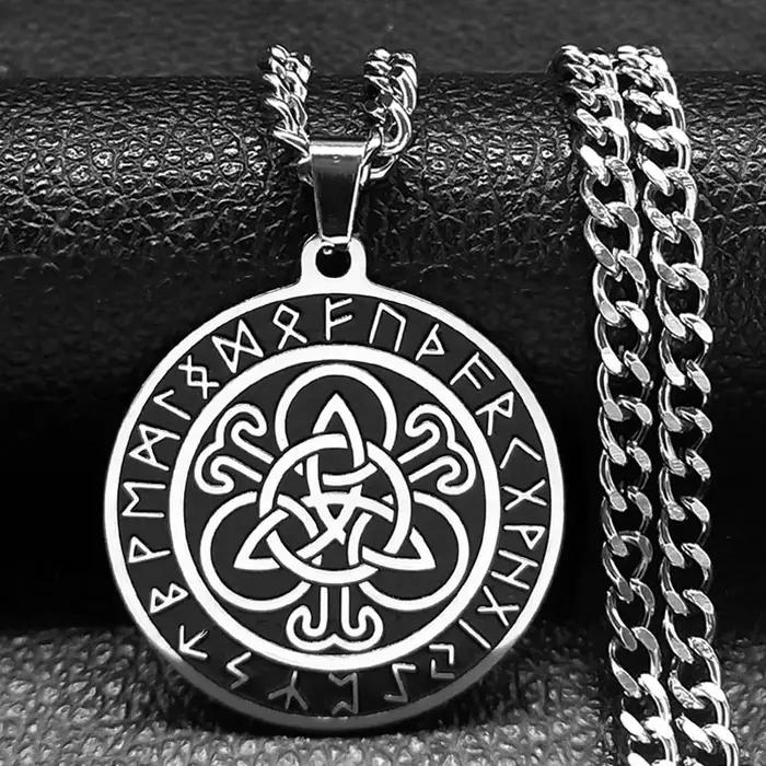 Collier pendentif en acier inoxydable avec runes Futhark vikings nordiques, symbole de nœud celtique Triquetra, Trinité Sainte, amulette, bijou cadeau