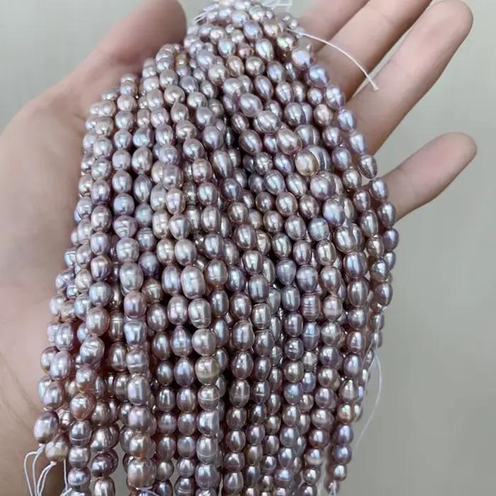 Perle d'eau douce naturelle de riz violet poli, 4-5mm 3A 18cm, perles amples isolées, fabrication de