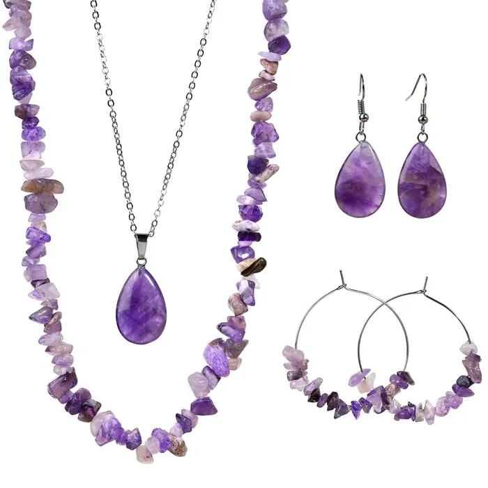 Ensemble de boucles d'oreilles et collier en améthyste en pierre naturelle