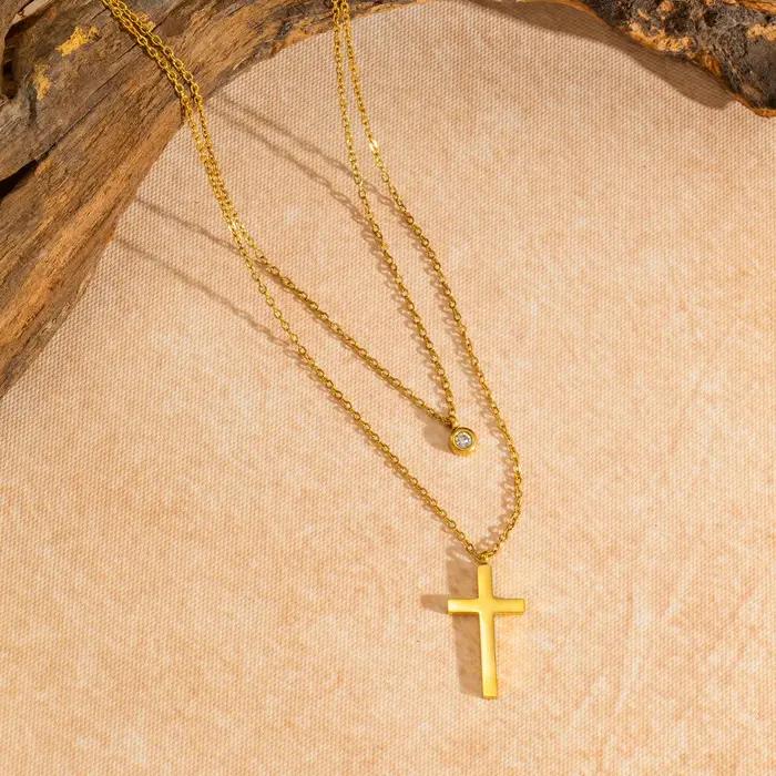 Collier superposé pour femme, double pendentif empilable avec CZ et croix, bijoux tendance en acier inoxydable, étanche et hypoallergénique