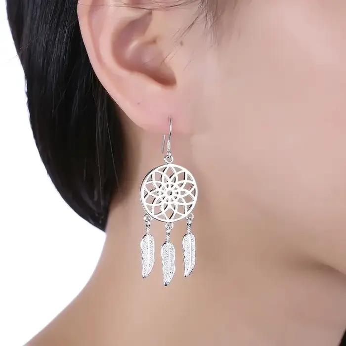 Boucles d'oreilles avec breloque attrape-rêves en argent sterling 925 avec plumes pour femmes