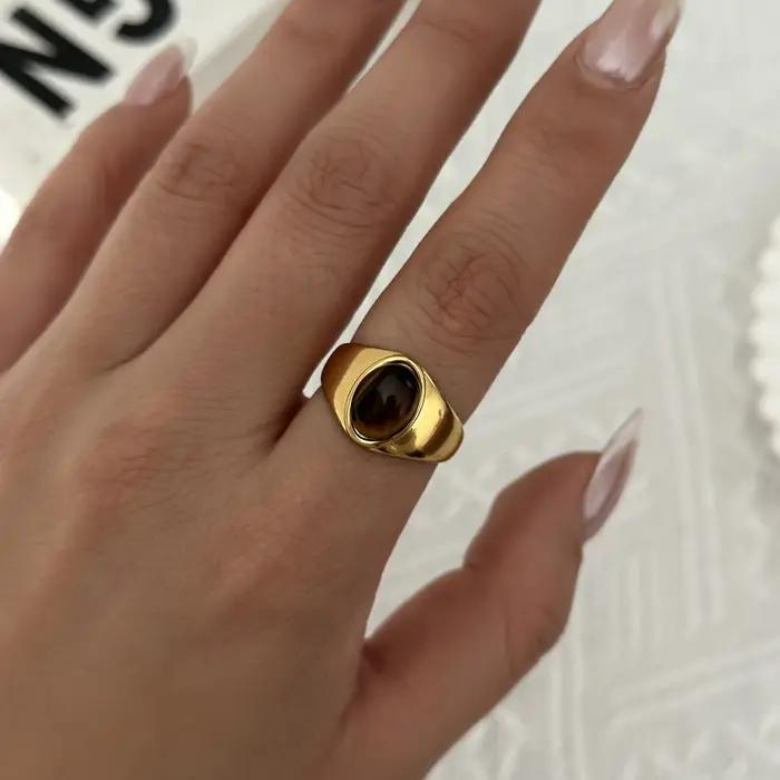 Bague Chevalière Œil de Tigre Style Maillard pour Femme