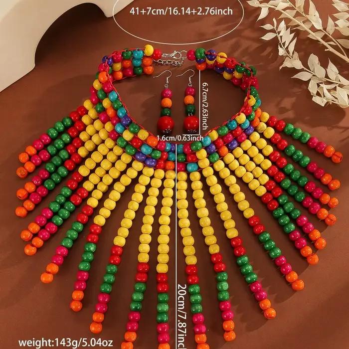Ensemble de bijoux fantaisie bohème rétro ethnique fait main avec collier bib tissé de perles en bois et boucles