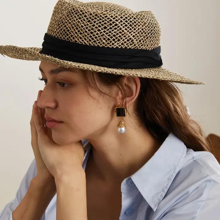 Boucles d'oreilles en perles de pierre noire pour femmes