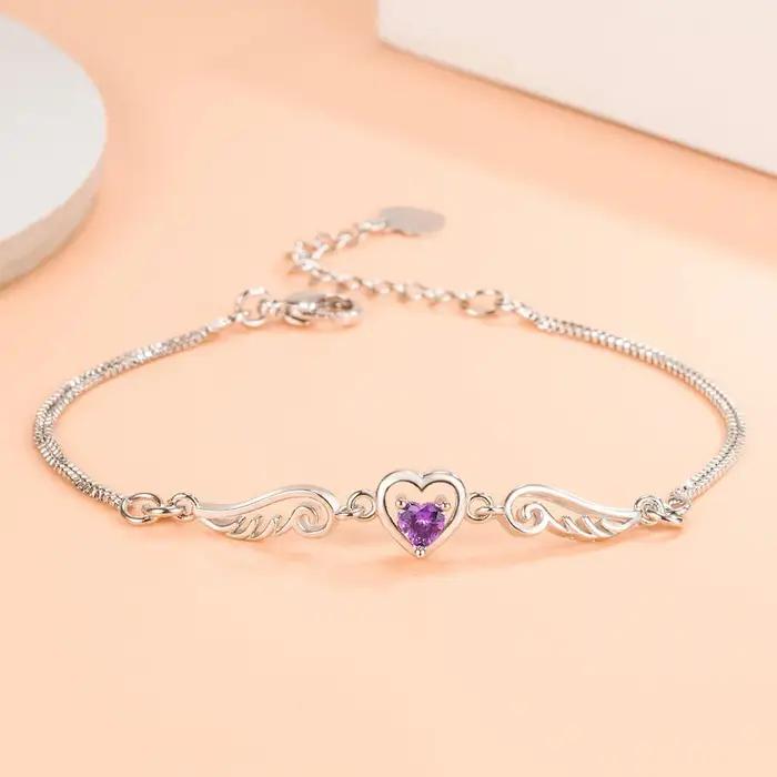 Bracelet en argent Sterling 925 avec cœur d'amour et ailes d'ange en Zircon pour femmes