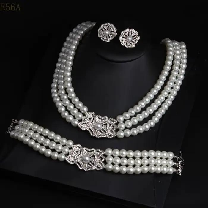 E56A Perles superbes bijoux en cristal avec boucles d'oreilles collier bracelet pour les femmes à mode