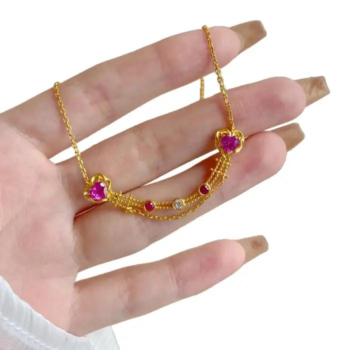 Collier en chaîne de perles rondes multicouches avec incrustation de pierres précieuses roses