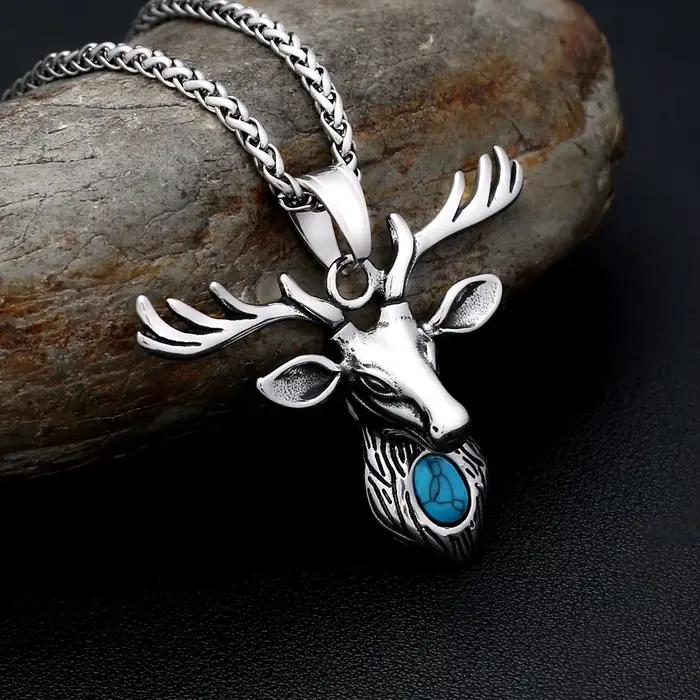 Collier pendentif tête de renne vintage en acier inoxydable incrusté de pierres précieuses artificielles pour homme, bijou de mode urbaine, cadeau
