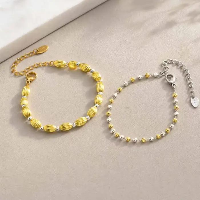 Bracelet à billes texturées bicolores pour femmes, chaîne délicate en acier inoxydable plaqué or 18 carats, résistant au ternissement et à l'eau