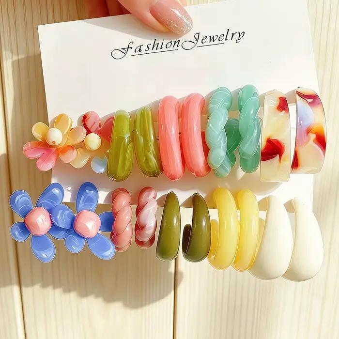 Boucles d'oreilles en résine en forme de C à fleurs colorées pour femmes, bijoux doux pour l'été et la plage, cadeau, accessoire de mode pour dames