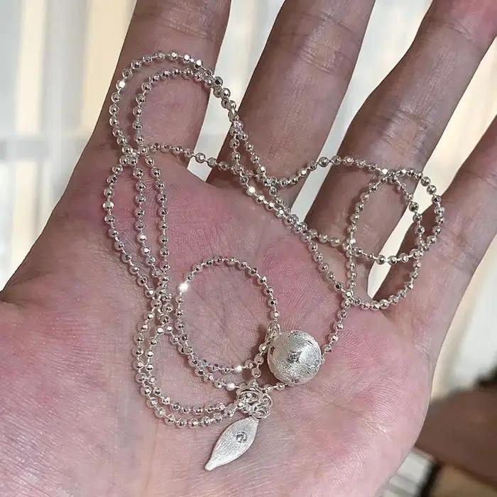 Chaîne de pull boule ronde en argent 925 étincelant, collier de perles étoile brossée scintillante pour femmes, bijoux réglables, cadeau