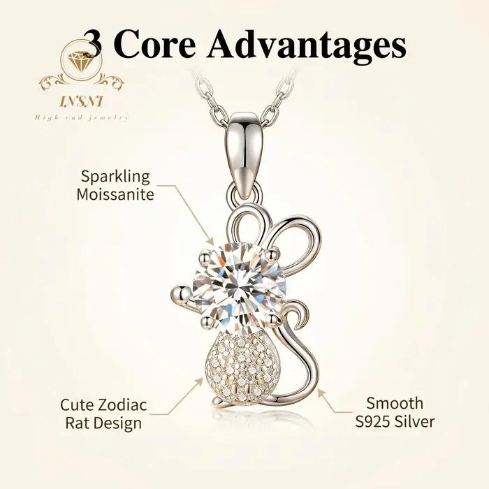 Collier pendentif souris de dessin animé en moissanite