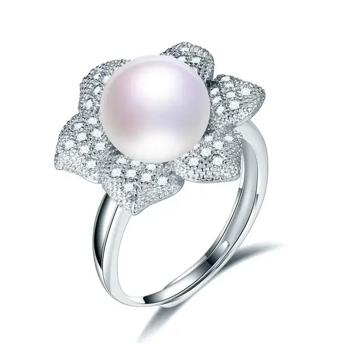 YWYC 100% véritable perle de culture d'eau douce bague mode 925 en argent Sterling fleur Zircon cristal
