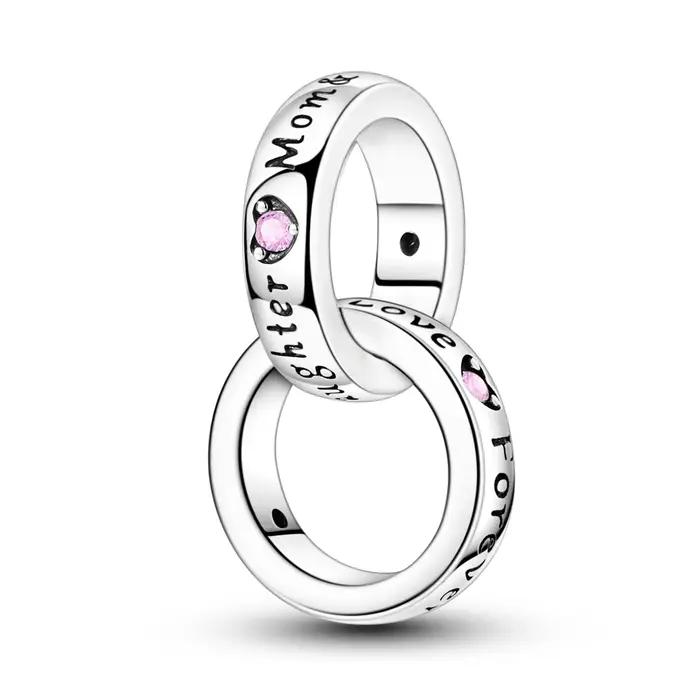 Breloque Anneau Entrelacé Mère Fille en Argent Sterling 925 avec Perle Pendante CZ Rose Cadeau Occasion Spéciale Femme