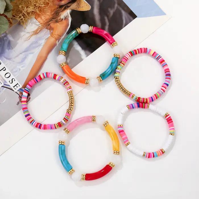 Badu Boho Tube coloré résine acrylique Bracelet pour femmes empilable extensible polymère argile perles