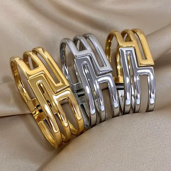 Greatera – Bracelet métallique à ouverture en métal lourd pour hommes, deux tons ajourés, géométrie Chic, haute qualité, bijoux pour femmes, cadeau, nouveau
