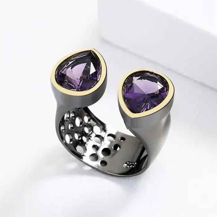 Bague vintage pour femmes en zirconium violet goutte d'eau or noir ouverture réglable engagement soirée élégance style unique