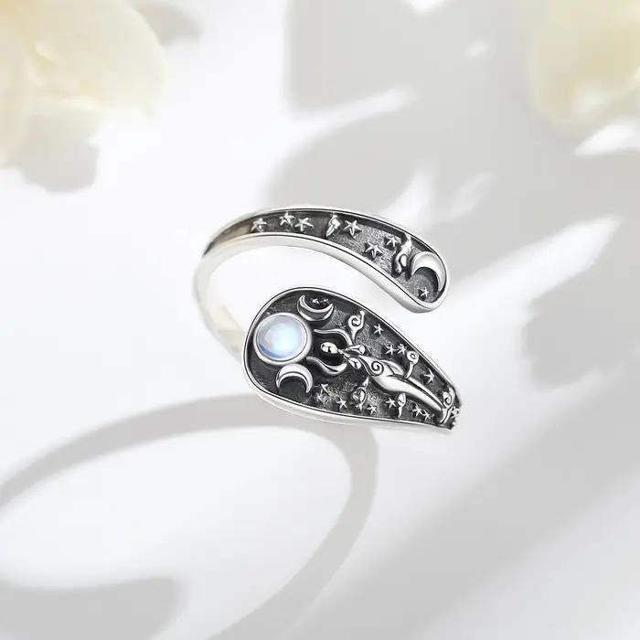 Bague Ajustable en Argent Sterling 925 Triple Lune Goddess Hecate Pierre de Lune Amulette Cuillère Vintage Bijoux Cadeau Femme Occasions Spéciales