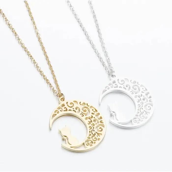 Collier pendentif chat lune pour femmes et filles