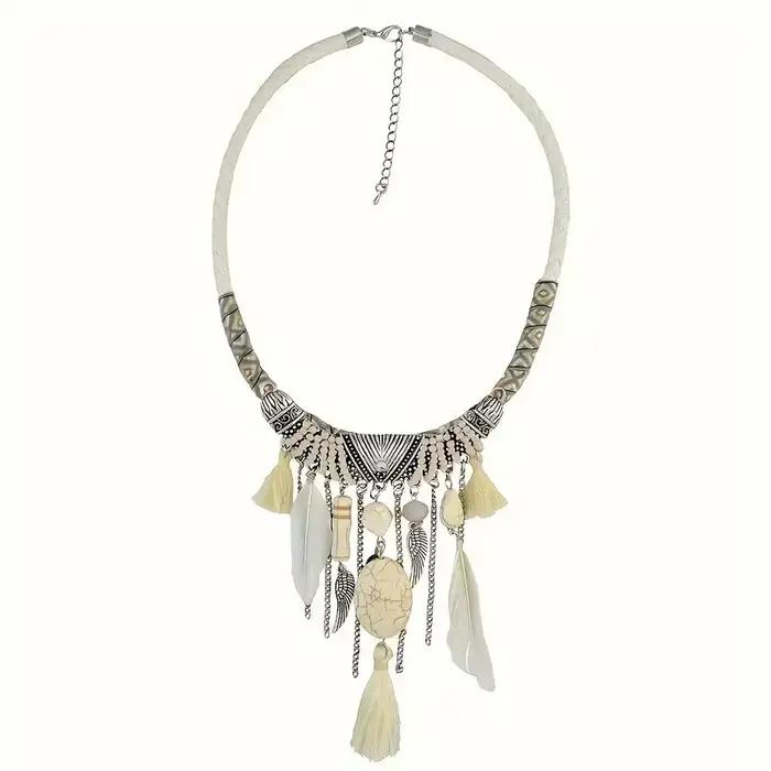 Collier ethnique Vintage Chic avec pendentif en plumes Turquoise pour femmes, colliers en corde bohè