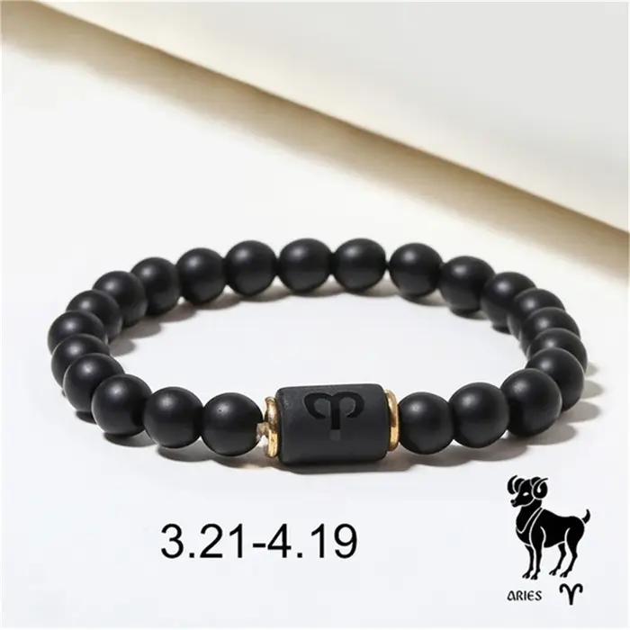 Bracelet Simple 12 Constellations pour Hommes et Femmes Motifs Étoiles Pierres Noires Accessoires de Poignet Occasions Spéciales Cadeau Astrologique