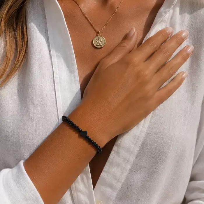 Bracelet extensible en perles noires en forme de cœur pour femme, élégant pour un usage quotidien, des vacances, une fête, un cadeau pour la Saint-Valentin